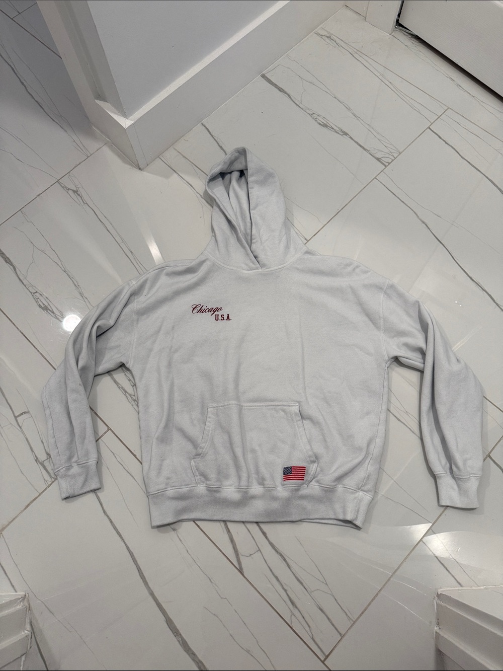 Hollister Light Gray Hoodie with Red Chest Script and Flag Patch